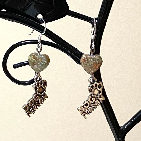 2/$20, Natural Unakite Stone Heart + Dog Person Dangle Earrings - Picture 6 of 9